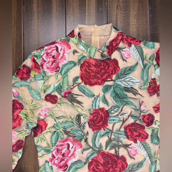 Size M Mock Neck Long Sleeve Mini Dress 3D Flowers Bodycon Tulle Red Pink Green - Picture 2 of 14